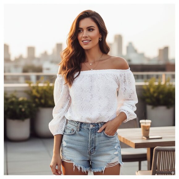 NWT ASTR the Label Elodie Off Shoulder Eyelet Bodysuit - Picture 1 of 8